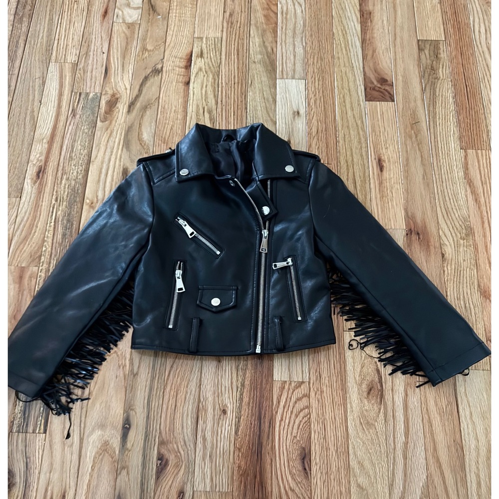Akira Kids Black Faux Leather Fringe Moto Jacket YDT-20786 Silver Hardware 3T-4T